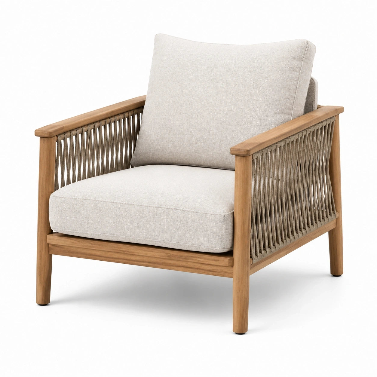 Fauteuil de jardin en bois naturel, corde tressée taupe et coussins beiges, 78 x 82 x 84 cm