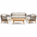 Ensemble de jardin 4 pièces en bois naturel, corde tressée taupe et coussins beiges – canapé 150 x 78 x 78 cm, fauteuils 74 x 78 x 78 cm, table 100 x 60 x 40 cm