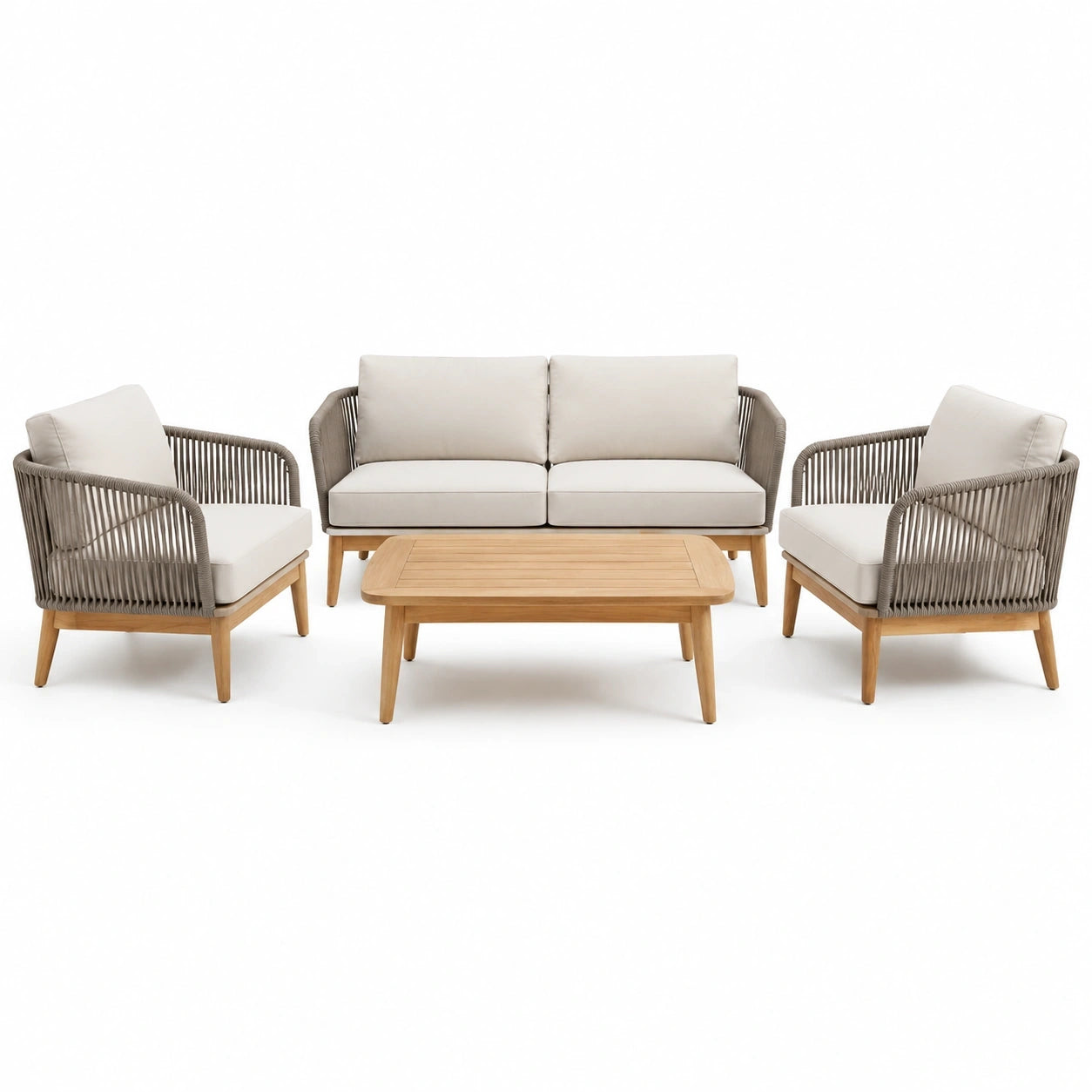 Ensemble de jardin 4 pièces en bois naturel, corde tressée taupe et coussins beiges – canapé 150 x 78 x 78 cm, fauteuils 74 x 78 x 78 cm, table 100 x 60 x 40 cm