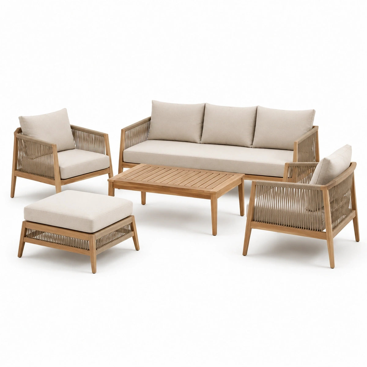 Ensemble d'extérieur 5 pièces en bois naturel avec corde taupe et coussins beiges – canapé 200 x 78 x 76 cm, fauteuils 78 x 78 x 76 cm, repose-pieds 70 x 60 x 42 cm, table 120 x 65 x 38 cm