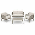 Salon de jardin 4 pièces 4 places taupe et beige en métal et corde tressée – canapé 124 x 73 x 78 cm, fauteuils 70 x 73 x 78 cm, table 90 x 50 x 38 cm