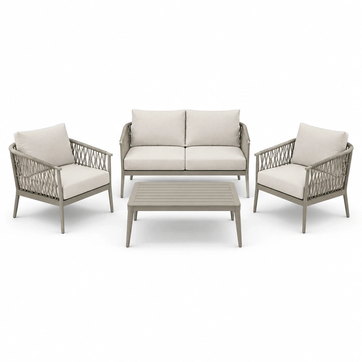 Salon de jardin 4 pièces 4 places taupe et beige en métal et corde tressée – canapé 124 x 73 x 78 cm, fauteuils 70 x 73 x 78 cm, table 90 x 50 x 38 cm