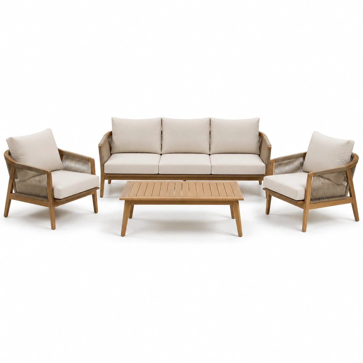 Salon de jardin 4 pièces beige, bois naturel et taupe – Canapé 200 x 82 x 78 cm, fauteuils 74 x 82 x 78 cm et table 110 x 60 x 40 cm
