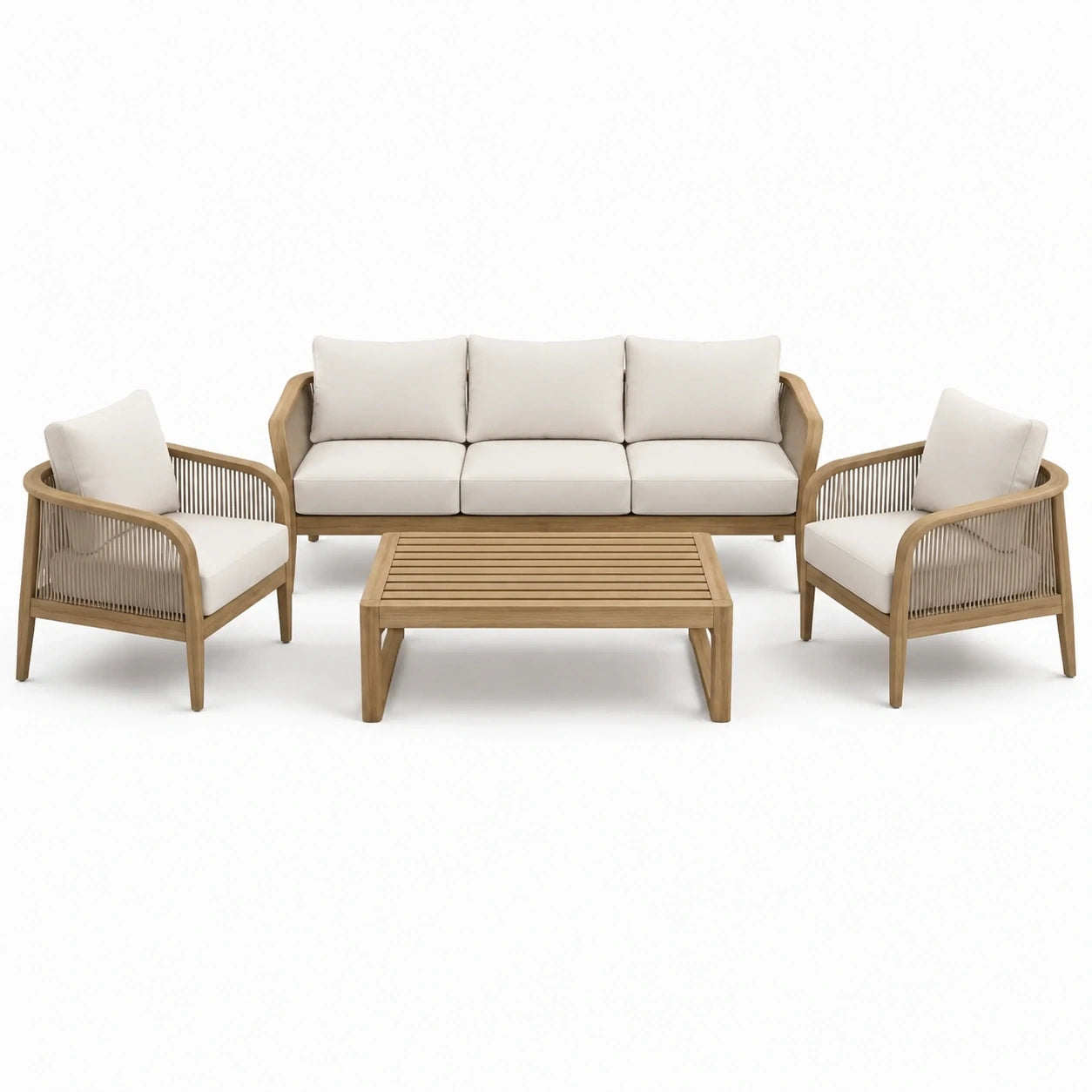 Ensemble de jardin 4 pièces beige et marron clair avec canapé 210 x 82 x 80 cm, 2 fauteuils et table basse