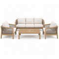 Ensemble d'extérieur 4 pièces en bois naturel, corde grise et tissu écru – canapé 195 x 80 x 78 cm, fauteuils 75 x 80 x 78 cm, table 110 x 60 x 38 cm