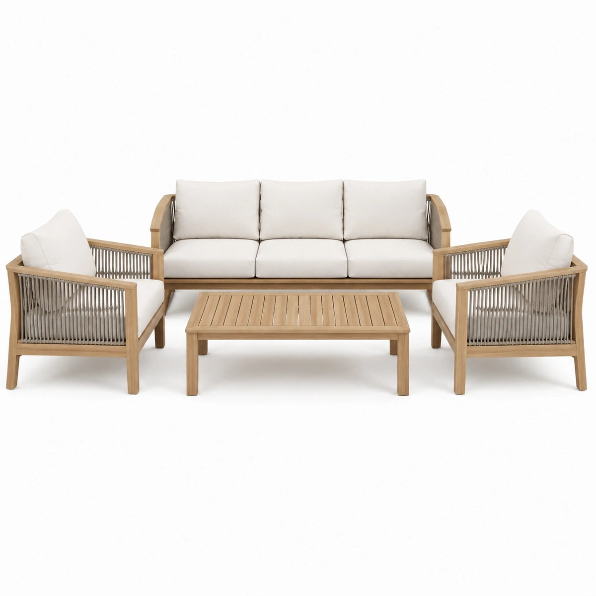 Ensemble d'extérieur 4 pièces en bois naturel, corde grise et tissu écru – canapé 195 x 80 x 78 cm, fauteuils 75 x 80 x 78 cm, table 110 x 60 x 38 cm