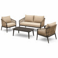 Salon de jardin 4 pièces beige et marron avec canapé 2 places 132 x 73 x 77 cm, 2 fauteuils et table basse