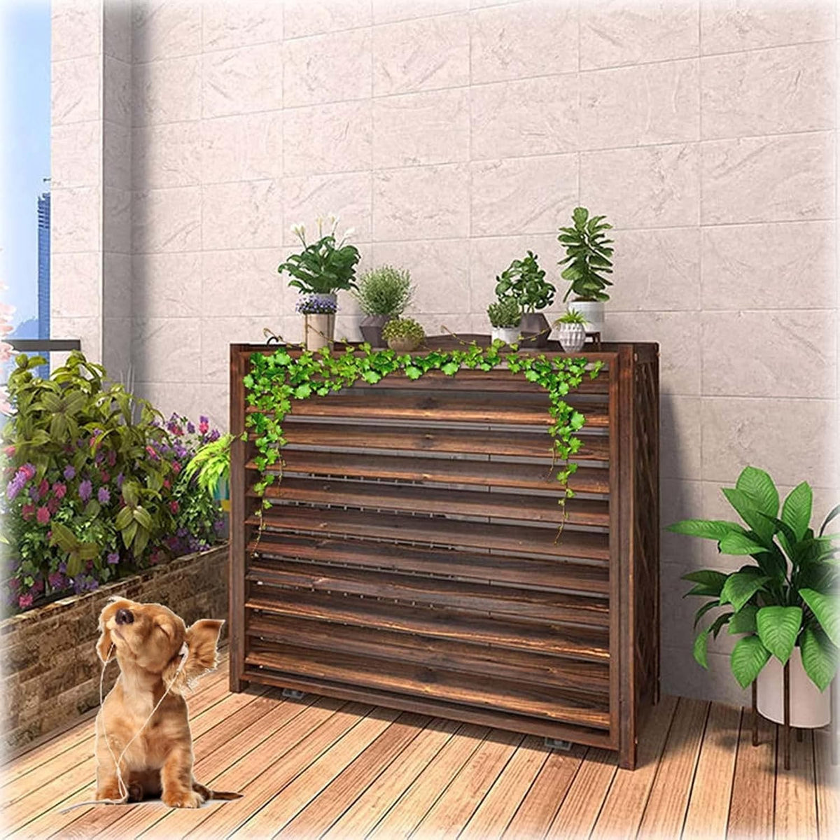 Cache cache climatiseur, climatiseur – 81 x 32 x 70 cm | Brun, climatiseur extérieur en Bois Massif avec Grille d'intimité