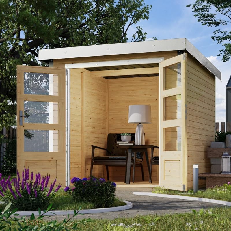 Abris de jardin Karibu – 4,45 m | Bois/Blanc, Abri de Jardin Hybride Bois-Métal ² – Épicéa Nordique et Acier Blanc