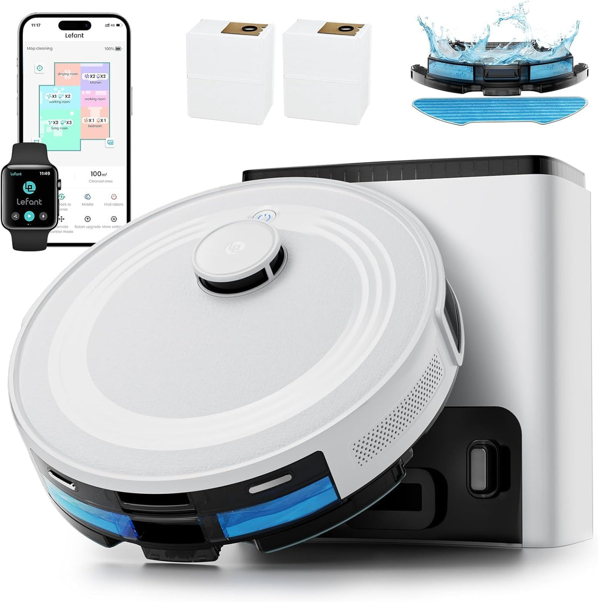 robot aspirateur Lefant | Blanc/Noir, M2 Plus Aspirateur Robot Laveur avec Station – Vidange Automatique | Navigation avec Cartographie