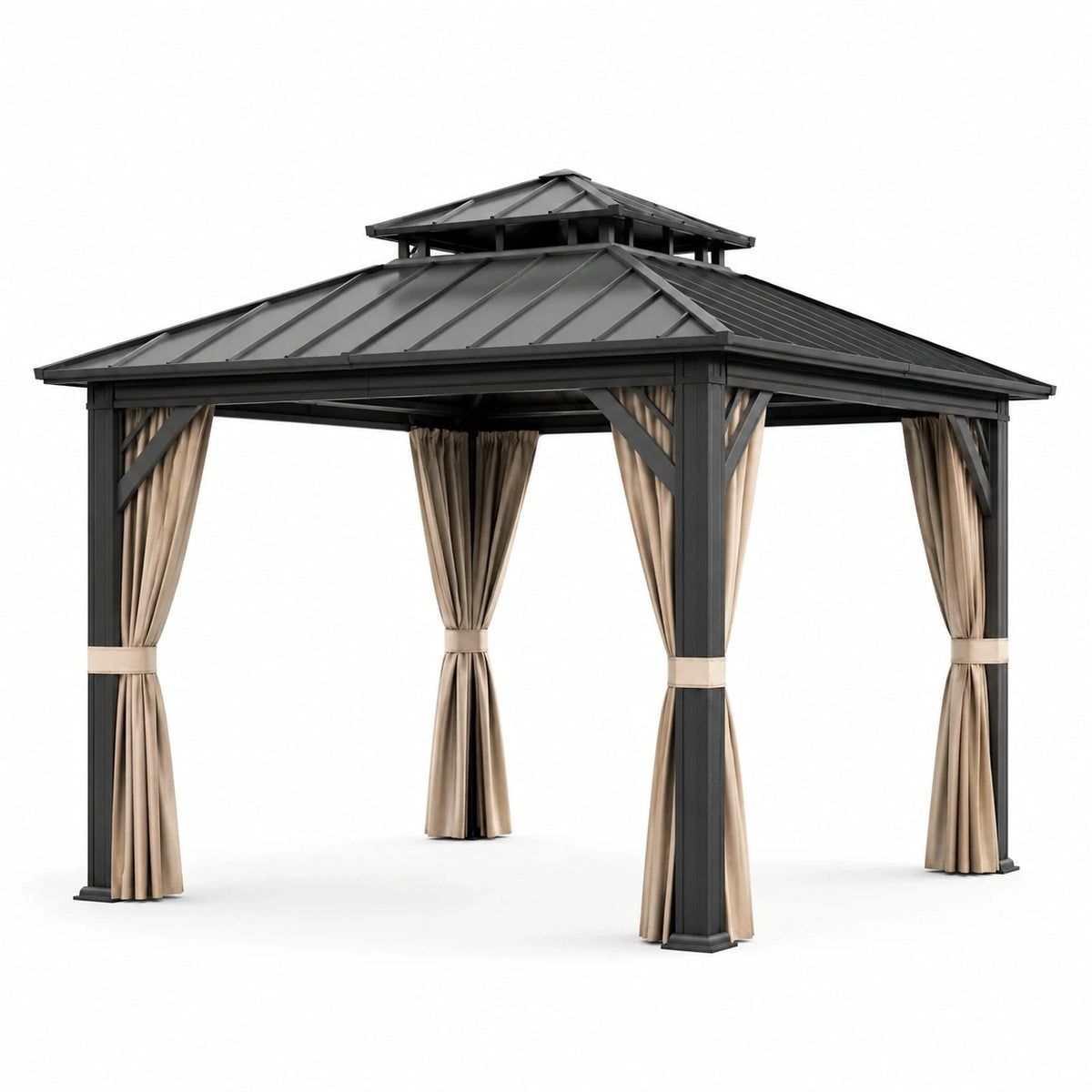 Pavillon de jardin à double toit rigide, structure anthracite et rideaux beiges, 300 x 300 x 270 cm