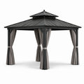 Tonnelle de jardin en métal anthracite avec rideaux gris et toit rigide ventilé, 400 x 300 x 280 cm