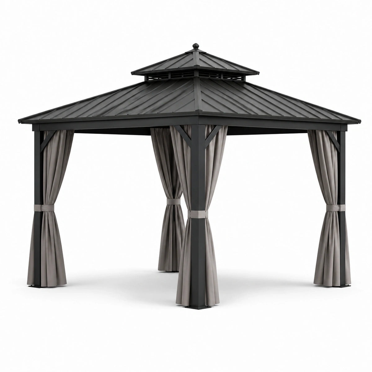 Tonnelle de jardin en métal anthracite avec rideaux gris et toit rigide ventilé, 400 x 300 x 280 cm