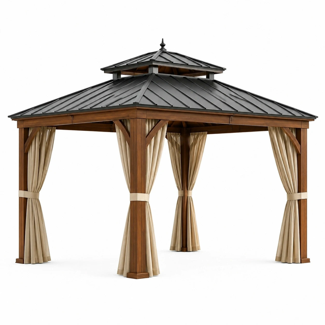 Tonnelle de jardin en bois brun avec toit métallique gris anthracite et rideaux beiges, 400 x 300 x 310 cm