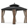 Tonnelle de jardin carrée 300 x 300 x 300 cm, acier effet bois, toit rigide noir et rideaux beiges
