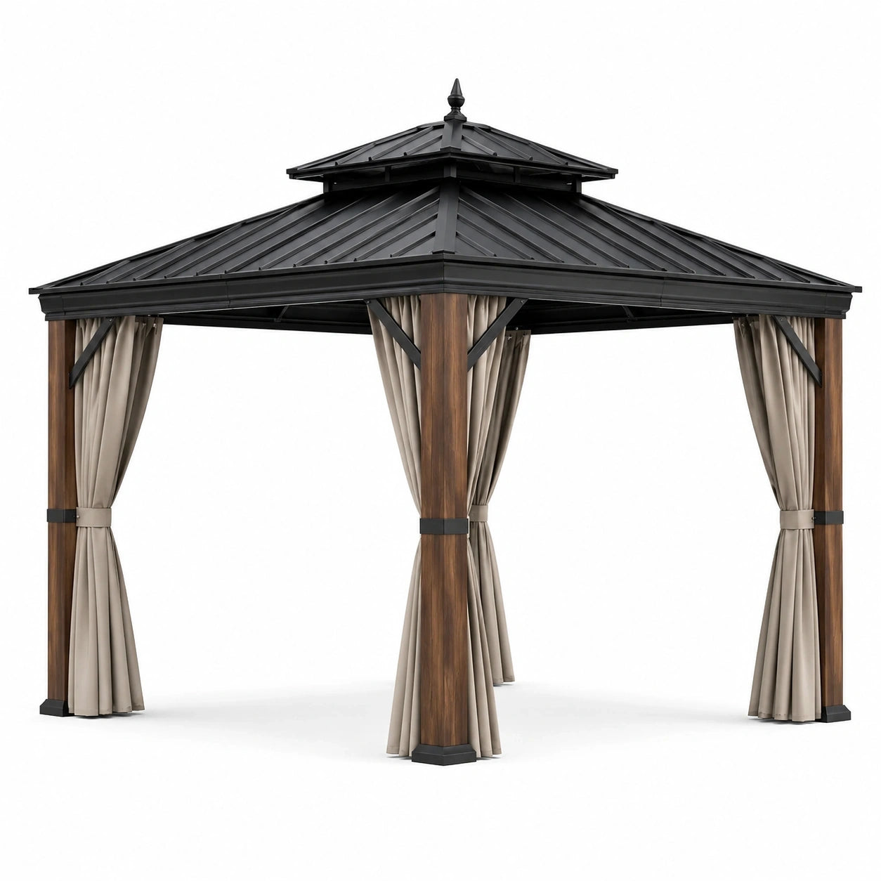 Tonnelle de jardin carrée 300 x 300 x 300 cm, acier effet bois, toit rigide noir et rideaux beiges