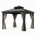Tonnelle de jardin anthracite et beige avec toit rigide à double niveau et rideaux, 365 x 305 x 295 cm