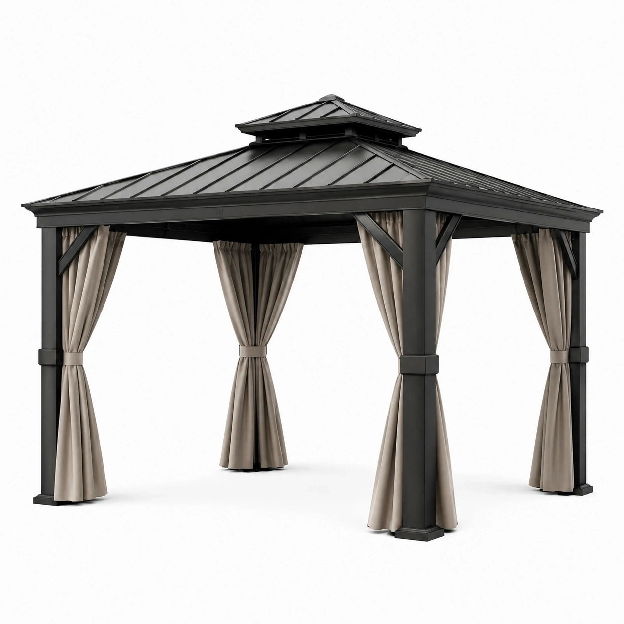 Tonnelle de jardin anthracite et beige avec toit rigide à double niveau et rideaux, 365 x 305 x 295 cm