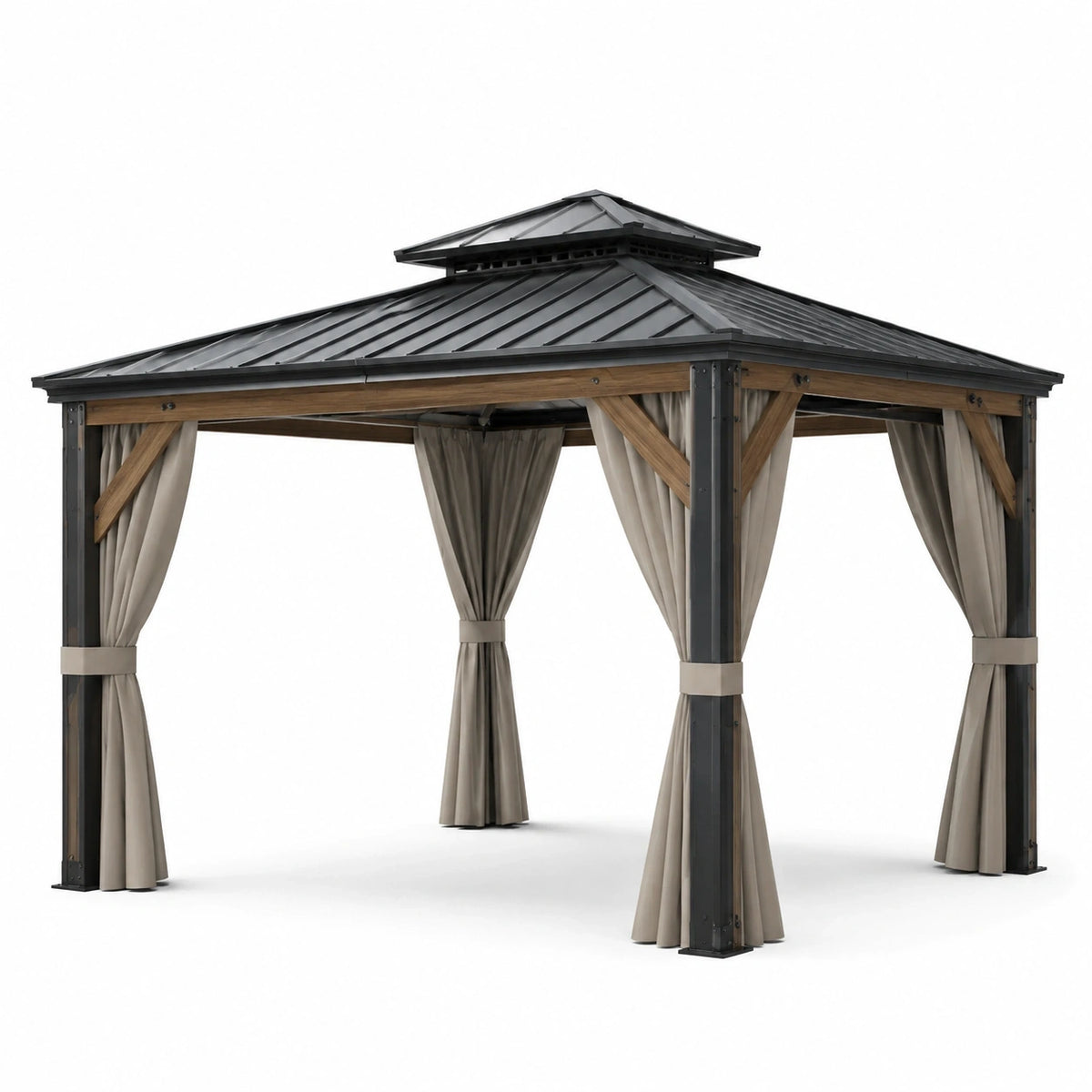 Tonnelle de jardin anthracite, brune et beige 300 x 300 x 270 cm avec toit rigide et rideaux