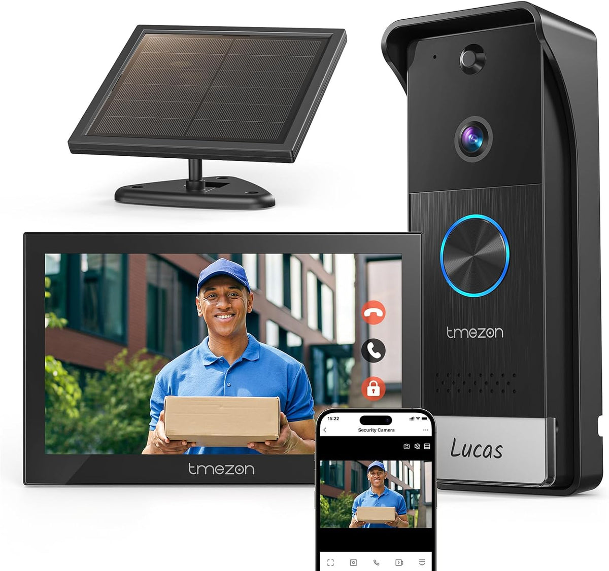 TMEZON panneau solaire, Noir – Visiophone sans Fil | Kit Interphone Vidéo WiFi 1080P, Ecran Tactile Couleur 7''
