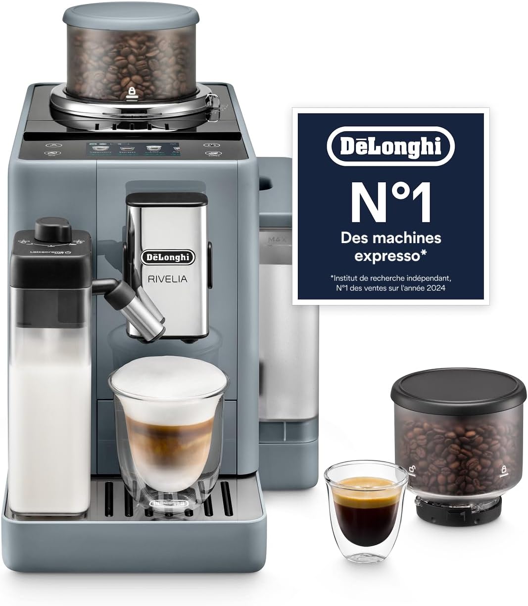 machine à café De'Longhi | cafetière, Gris – Rivelia - Perfetto Automatique avec LatteCrema Mousseur à Lait Automatique