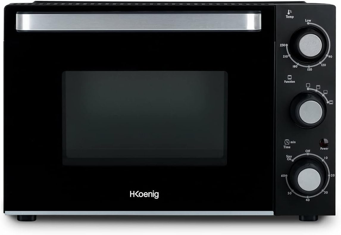 H.Koenig Électroménager spécialisé, 20 L – 1400 W | Noir, Minuteur 60 min – Porte en Verre double vitrage | Plaque cuisson antiadhésive