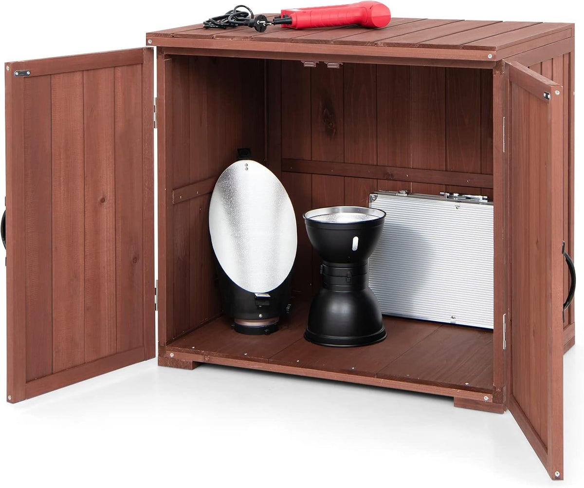 armoire COSTWAY, 90KG – Marron | de Jardin en Bois de Sapin Massif Extérieur Double Porte, Organisateur d'Outils avec Poignées Pratiques Charge