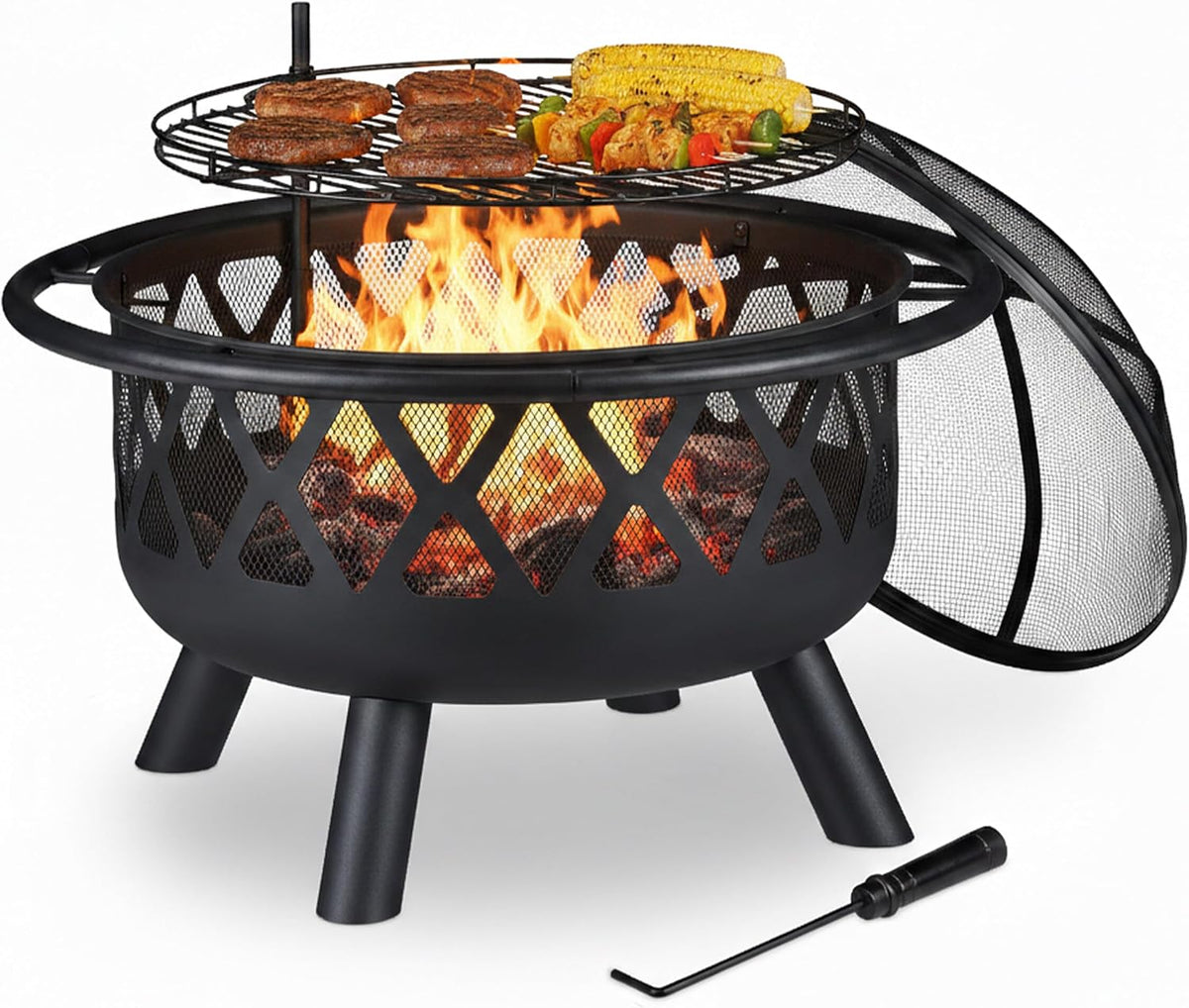 Relaxdays fumoir, 75 cm – Noir | Brasero avec Grillage, Protection étincelles & tisonnier – terrasse | Jardin et terrasse