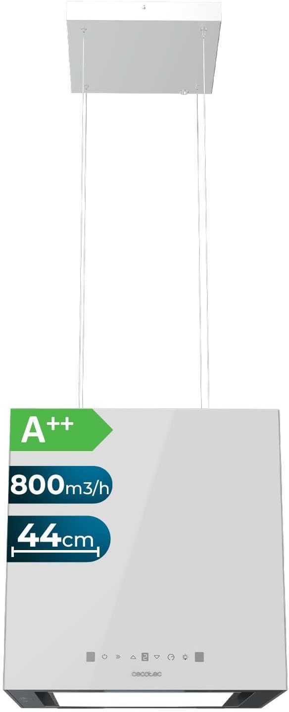 hotte aspirante Cecotec – 44 cm | 210 W, Blanc – îlot Carré Bolero Flux Cct 448000 Glass White A++. Finition Verre