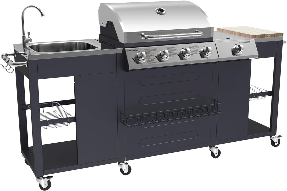 Happy Garden Cuisines d'extérieur, 17,2 kW – Noir/Acier Inoxydable | Cuisine d'extérieur Texas - 4+1 Brûleurs