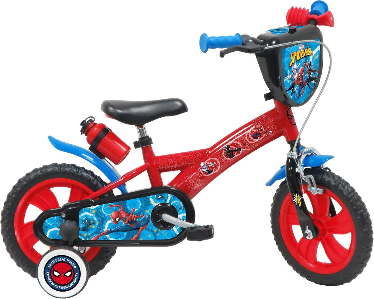 VTT ATLAS | Rouge/Bleu/Noir, Vélo 12'' Spiderman équipé de 1 Frein – Plaque Avant décorative | Garde boues, Carter et stabilisateurs