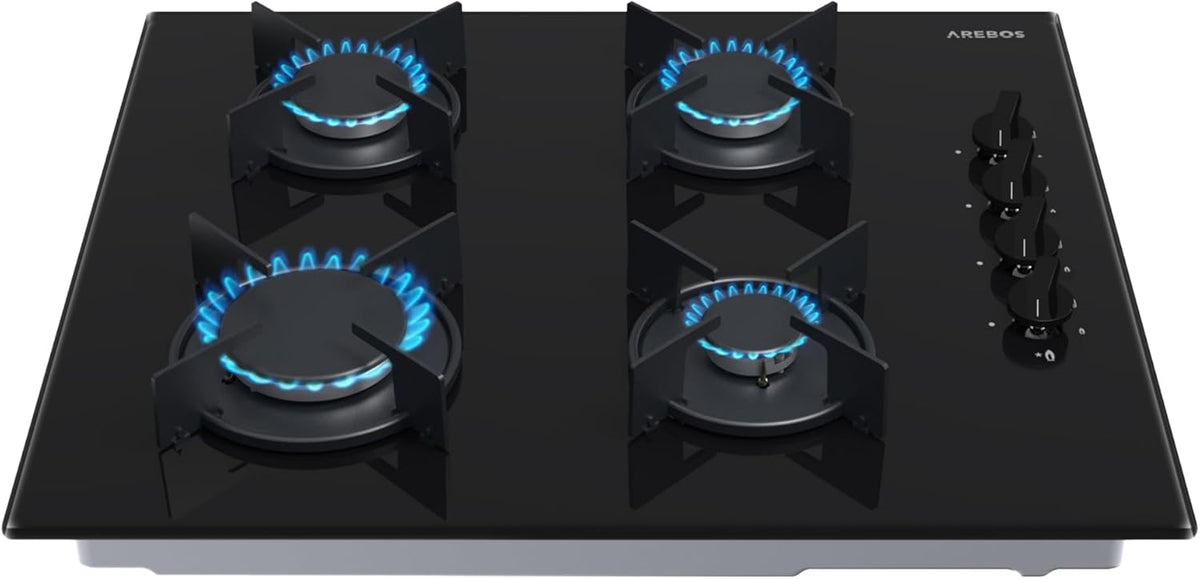 table de cuisson AREBOS – 60 cm | Noir, plaque de cuisson à gaz 4 brûleurs – Verre trempé | Encastrable avec supports en fonte