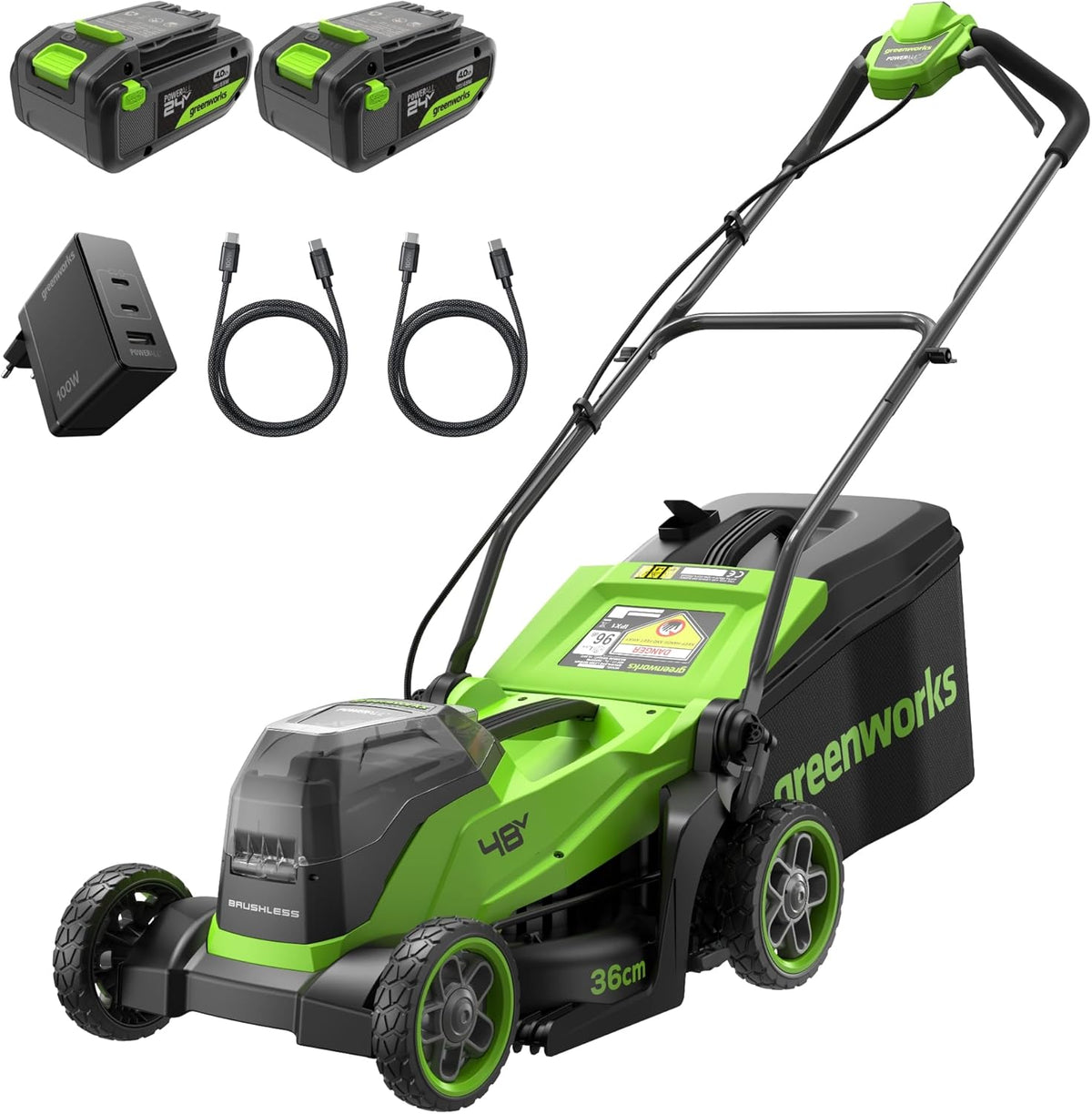 Greenworks tondeuse à gazon, 48 V – 24 V | 35 cm, 40 L – 4 Ah | Vert/Noir, ( x 2) Tondeuse Gazon sans Fil avec Moteur sans Brosse
