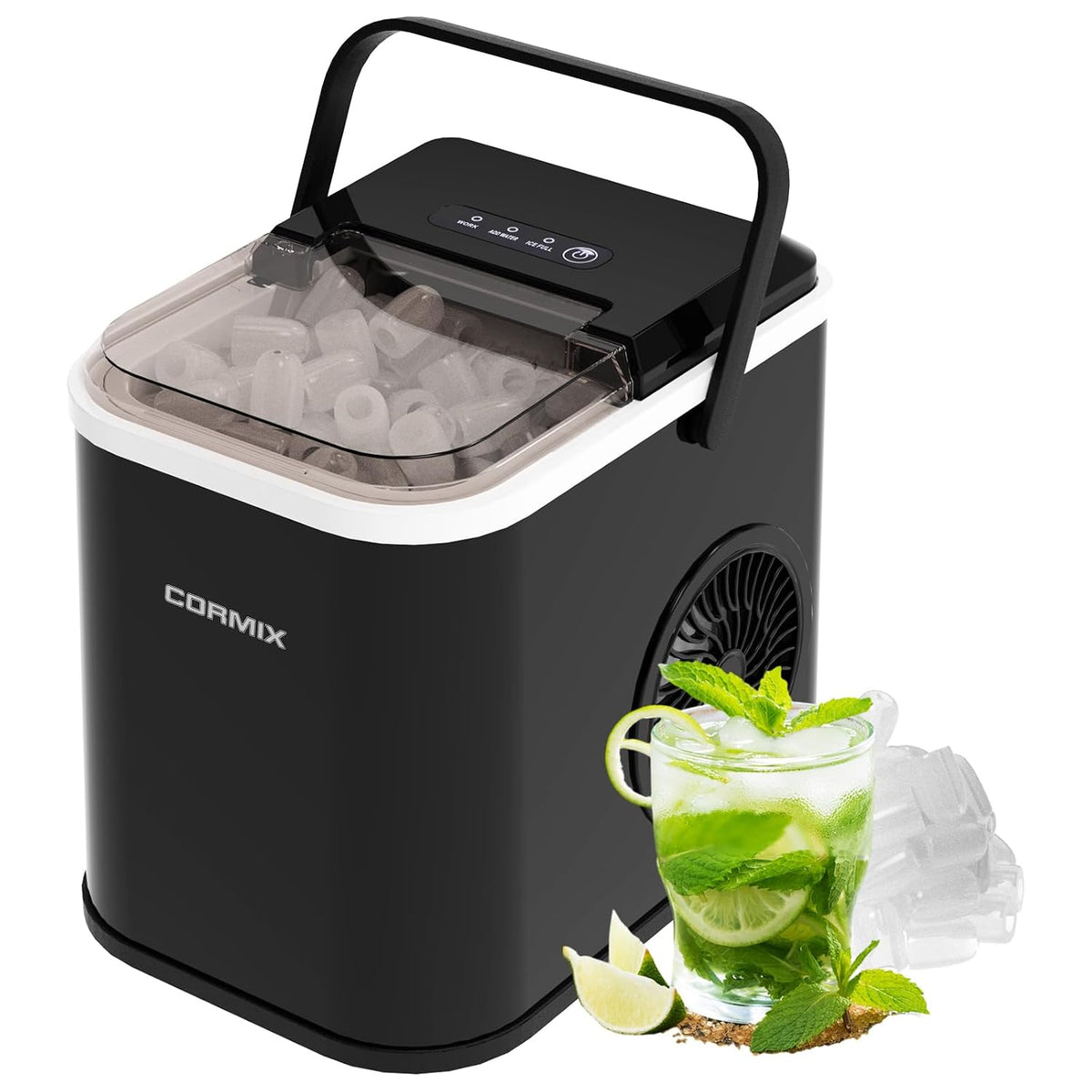 machine à glaçons Cormix – fabrique à glaçons | 120 W, 12 kg – Noir/Blanc | 8 glaçons en 6 minutes, Ice Maker avec capteur infrarouge & autonettoyage
