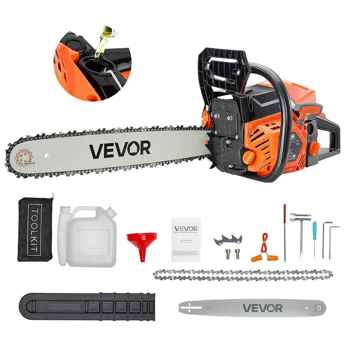 VEVOR tronçonneuse, 2,4 CV / 1,8 kW – 455 mm | 1,8 kW, Orange + Noir – à Essence | Thermique 52 cc, Poignée Antidérapante