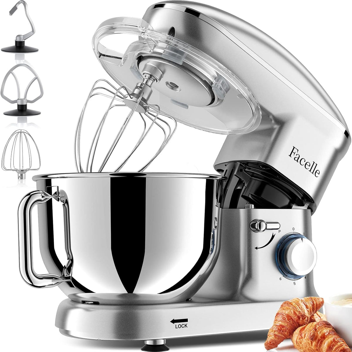 robot pâtissier Facelle | 1500 W, 6,2 L – Argent | Petit électroménager, Crochet Pétrisseur – Fouet à Fil | protection contre les éclaboussures