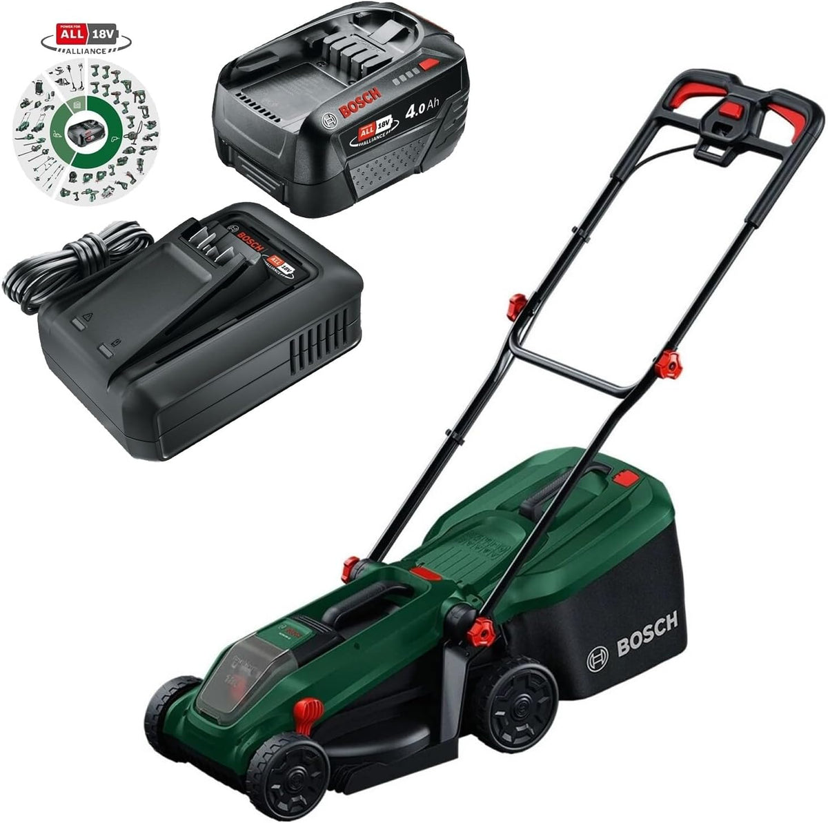 tondeuse à gazon Bosch – 38 cm | 75 mm, 40 l – 18 V | Vert/Noir/Rouge, sans Fil ROTAK18V2-38 (Largeur de Coupe