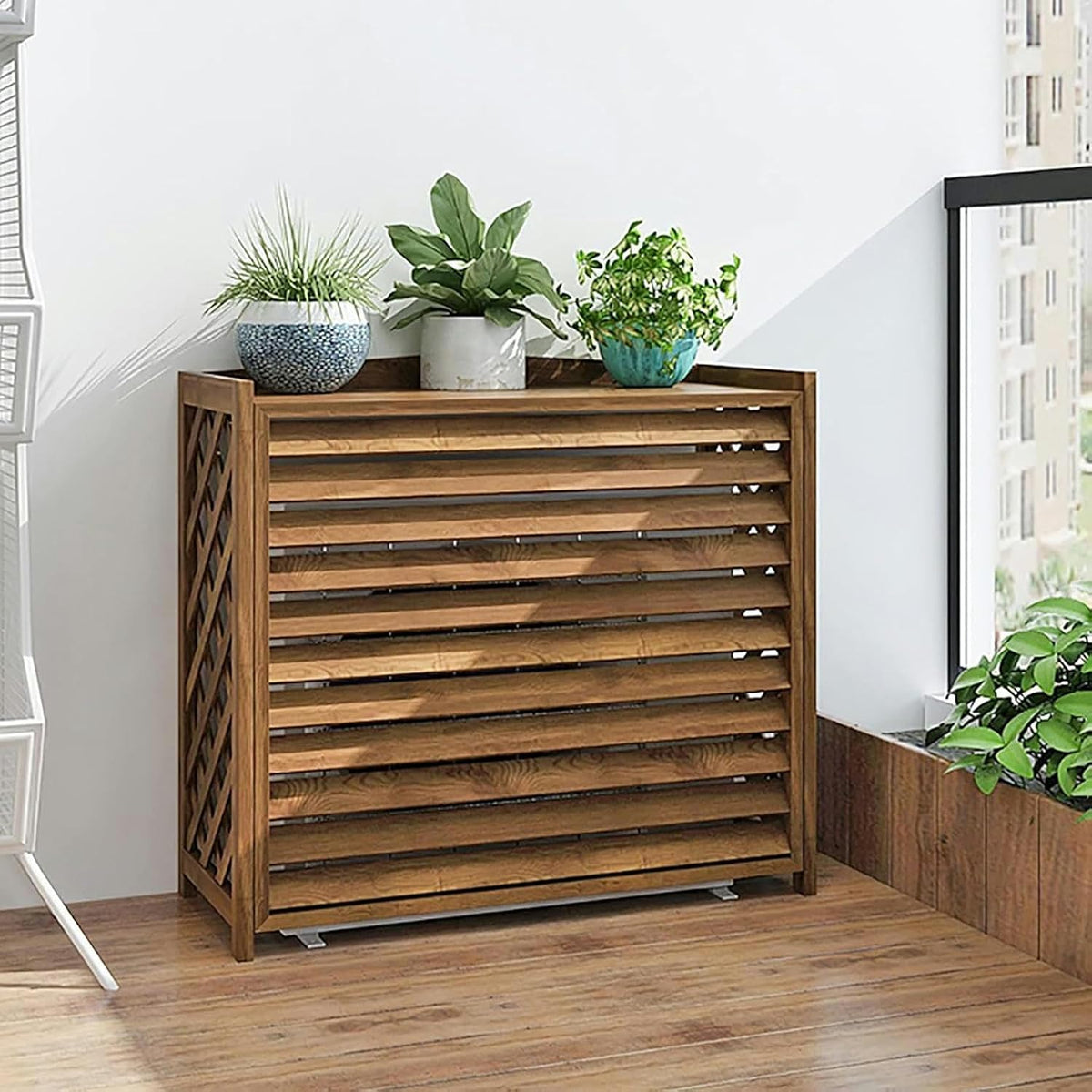Cache cache climatiseur, climatiseur – Marron | climatiseur et clôture d'extérieur, Support en Bois pour climatiseur et -radiateur décoratif