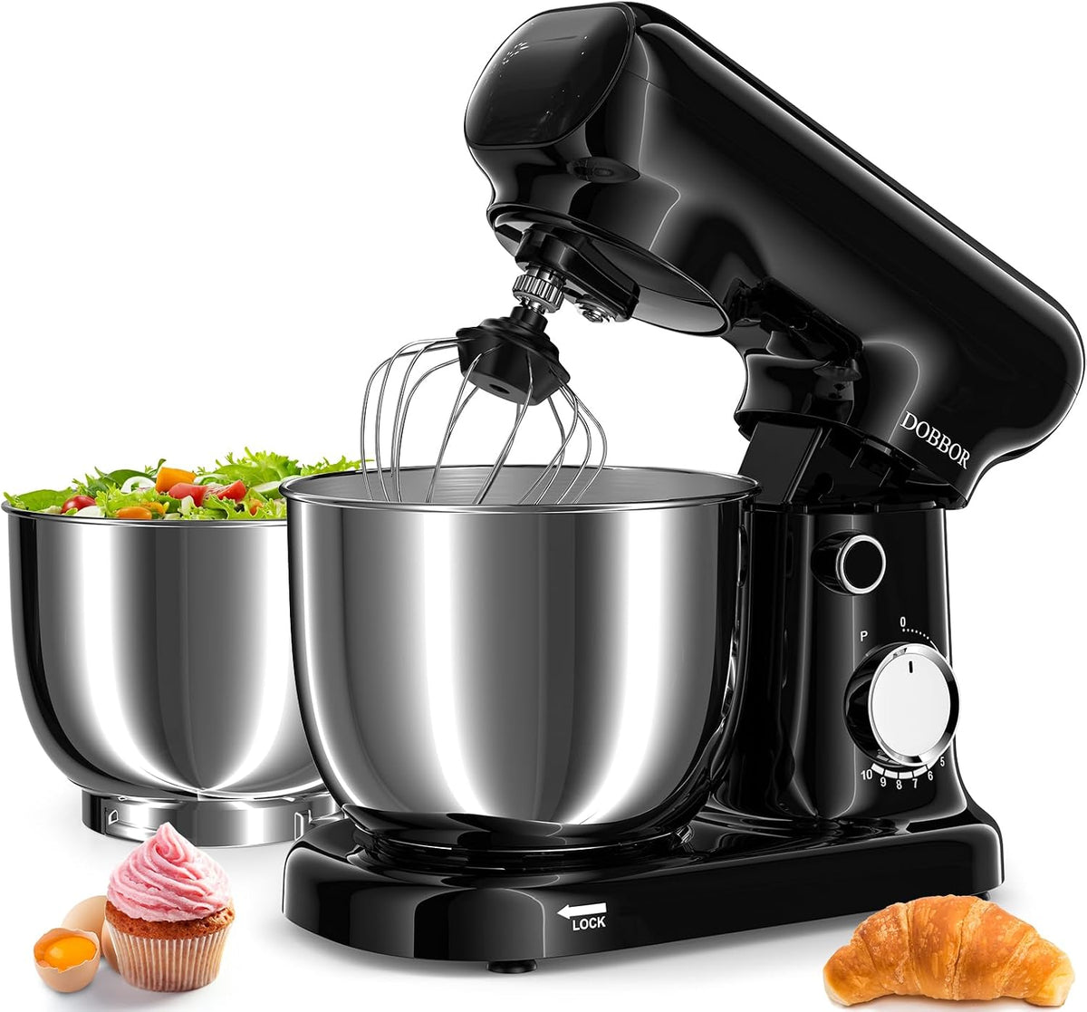robot de cuisine DOBBOR – 2,5 L | 3 L, 1500w – Noir/Argent | Robot Pâtissier, Professionnel Avec bol +