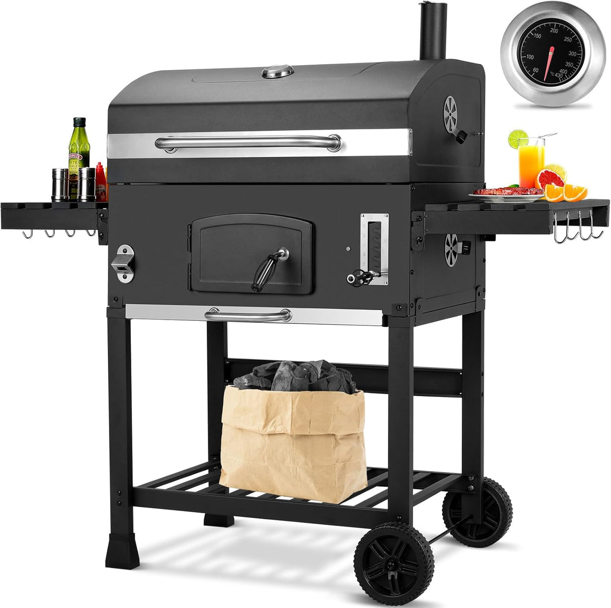 barbecue à charbon LIFERUN | 138x155x61 cm, Noir – Grand Barbecue Charbon de Bois XXL | Barbecue Fumoir, Cheminée