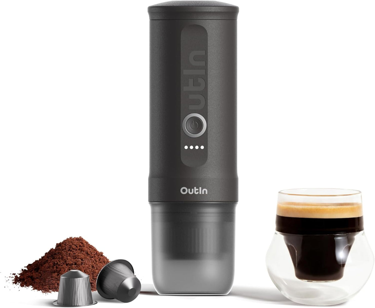 machine à café OutIn – cafetière | Noir/Gris, Nano expresso électrique portable – Auto-chauffante avec Charge USB-C | Randonnée