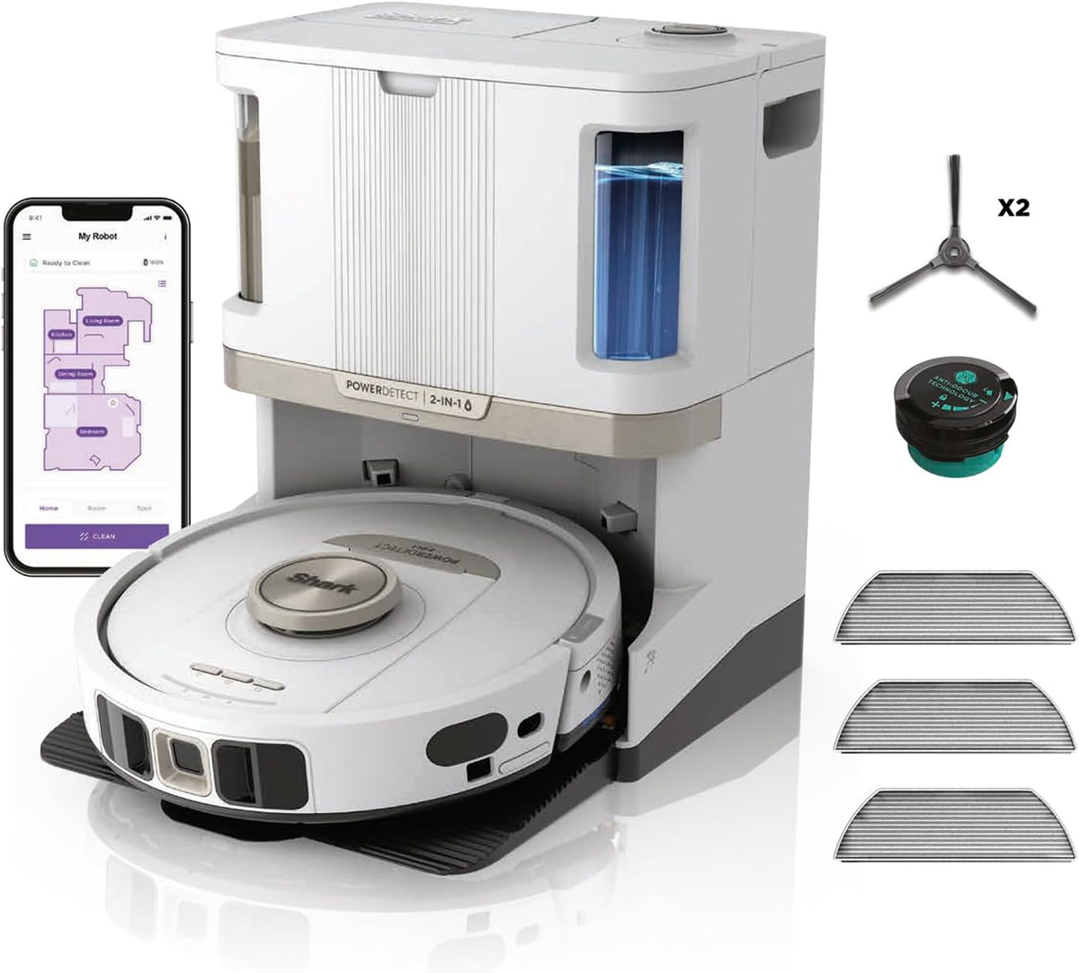 robot aspirateur Shark – Blanc | PowerDetect Aspirateur Robot Laveur, Base autovideuse nettoyante de 60 jours