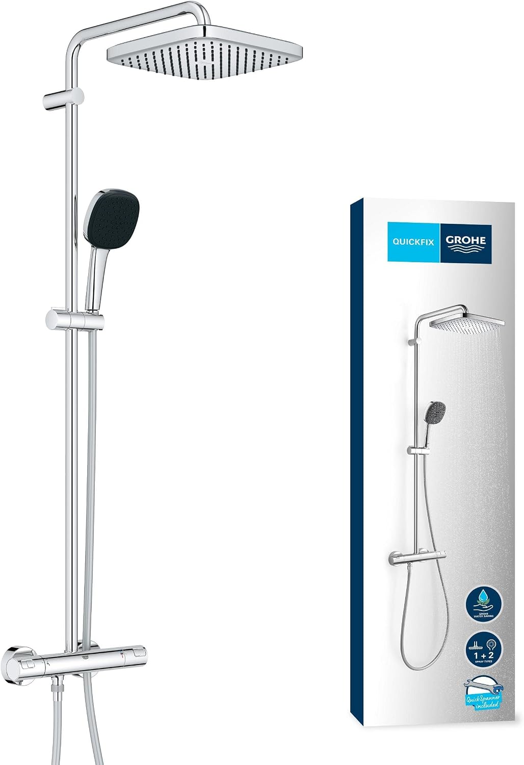 Systèmes baignoire et douche GROHE | 25 cm, 11 cm – 1.75 m | Chromé/Noir, Pommeau de Douche 2 jets – Flexible | Economie d'Eau