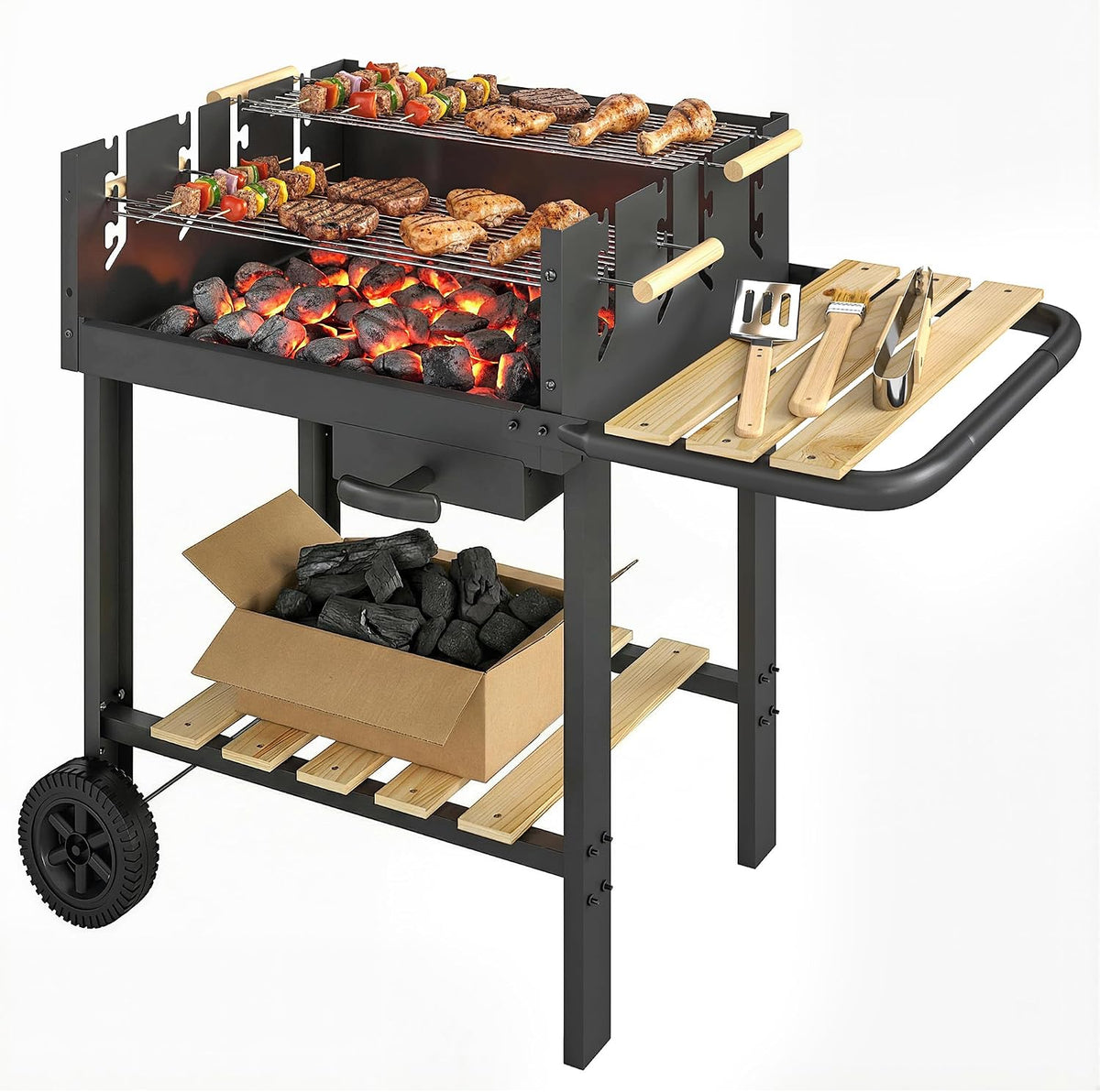 barbecue à charbon Outsunny – Noir/Bois | Barbecue au Charbon de Bois avec 2 Grilles Réglableset 3 Accessoires