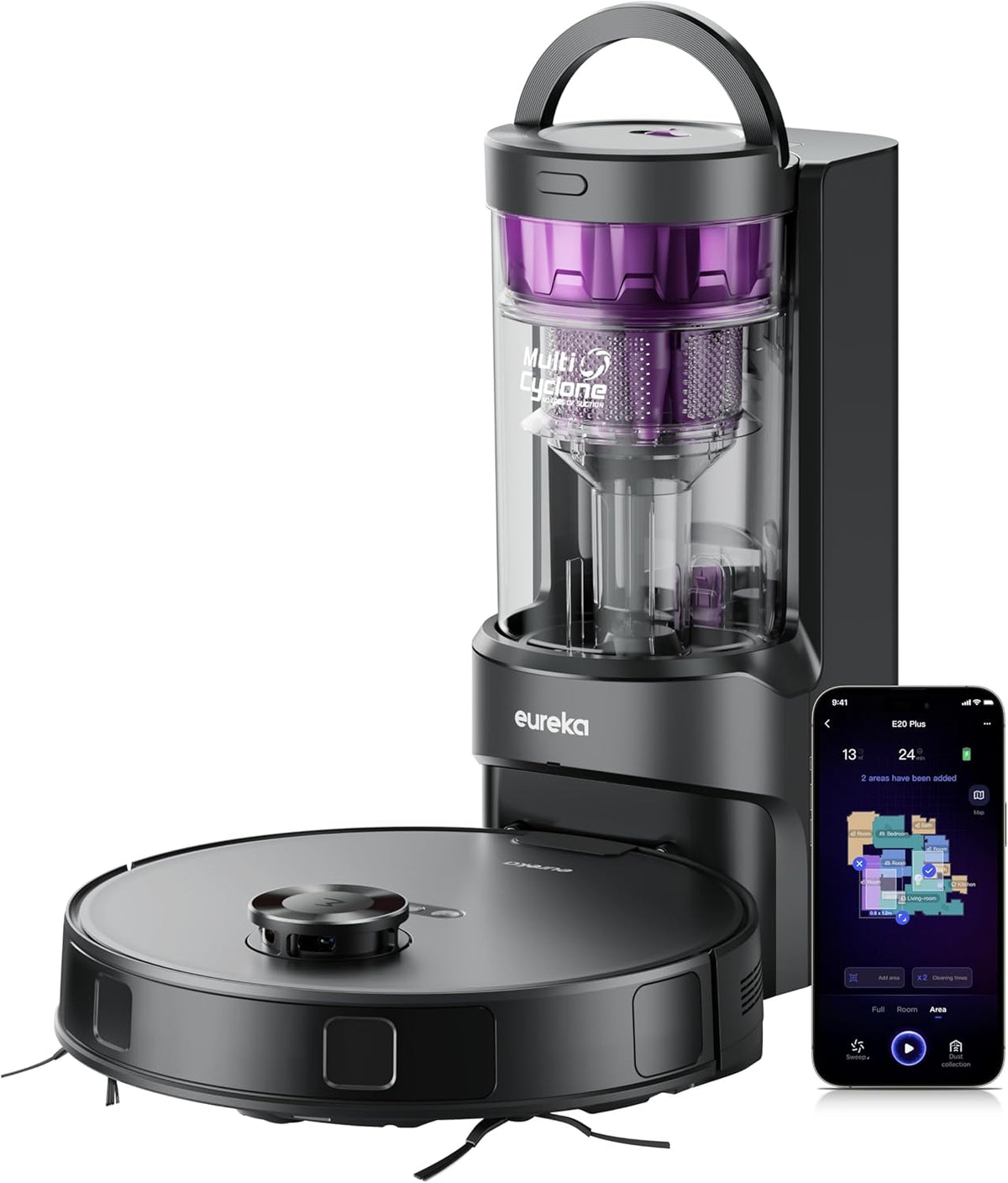 robot aspirateur EUREKA | Noir/Violet, E20 Plus et serpillère – aspirateur robot avec station de vidange automatique sans sac