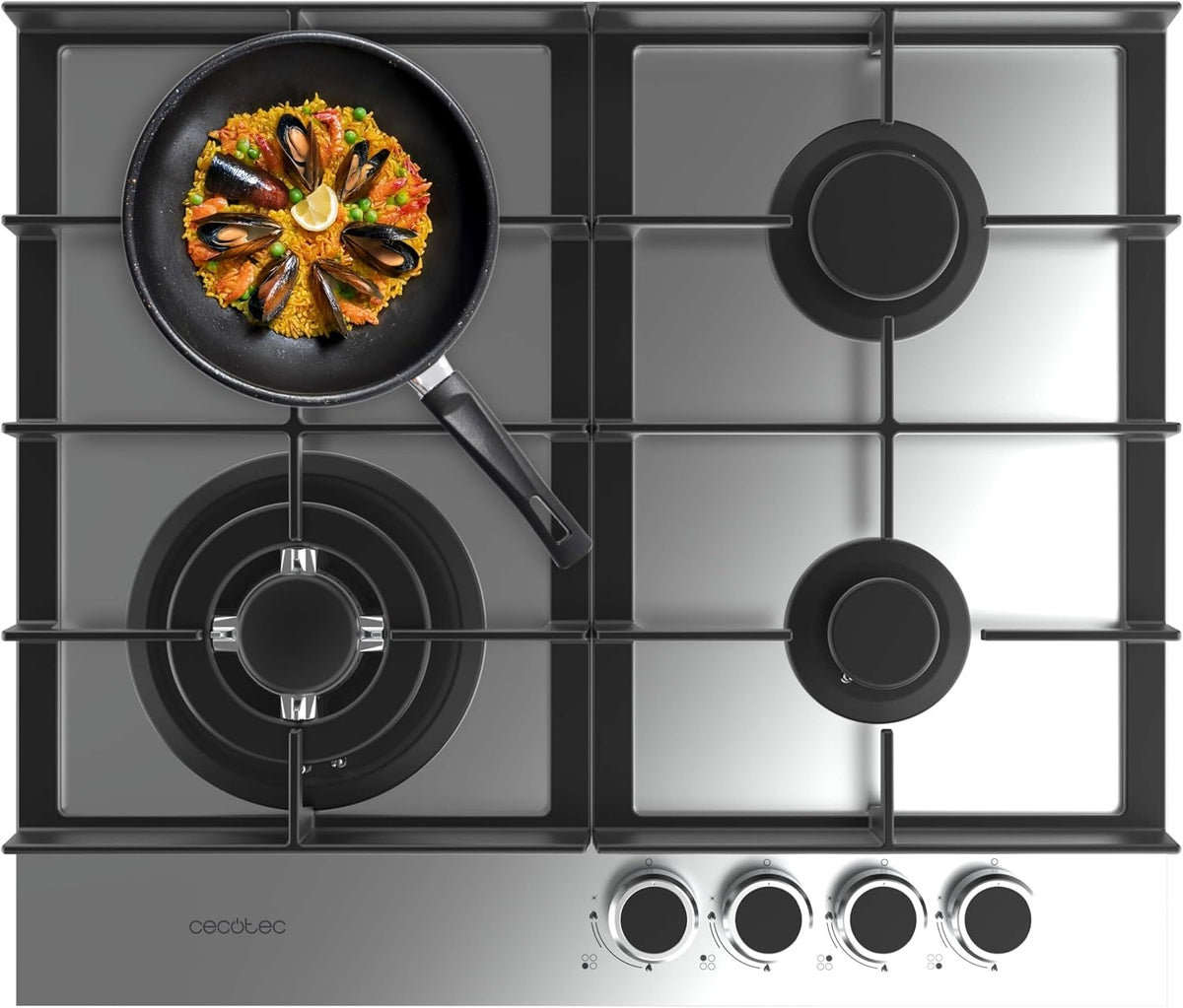 table de cuisson Cecotec | 8 Kw, Noir/Argent – Plaque de Cuisson à Gaz Bolero Squad G 4400F Inox avec 4 Foyers