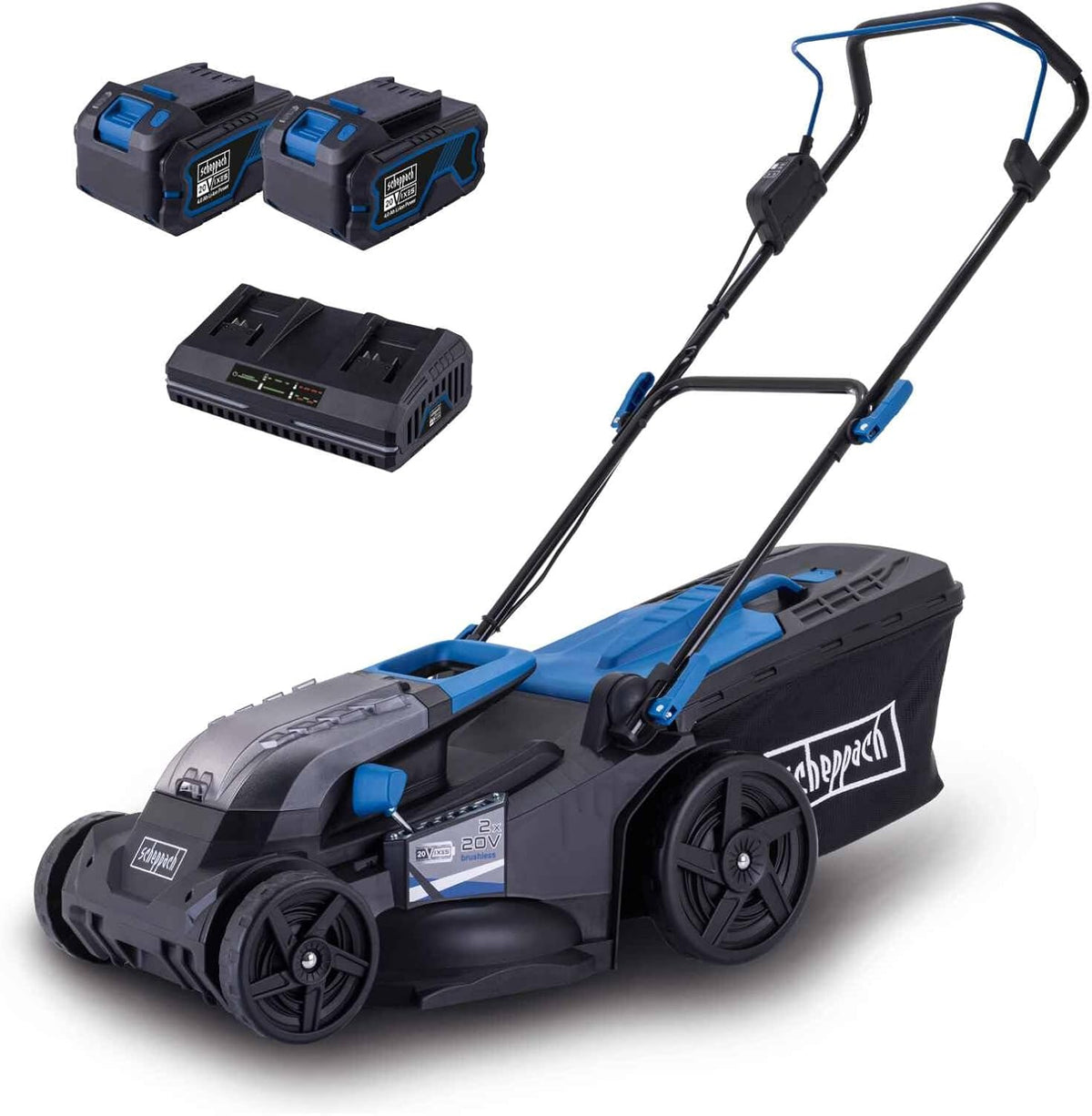 Scheppach tondeuse à gazon, 20 V – 43 cm | 700 m2, 75 mm – 50 L | Noir/Bleu/Gris, sans Fil BC-MP430-X Brushless – Largeur de Coupe