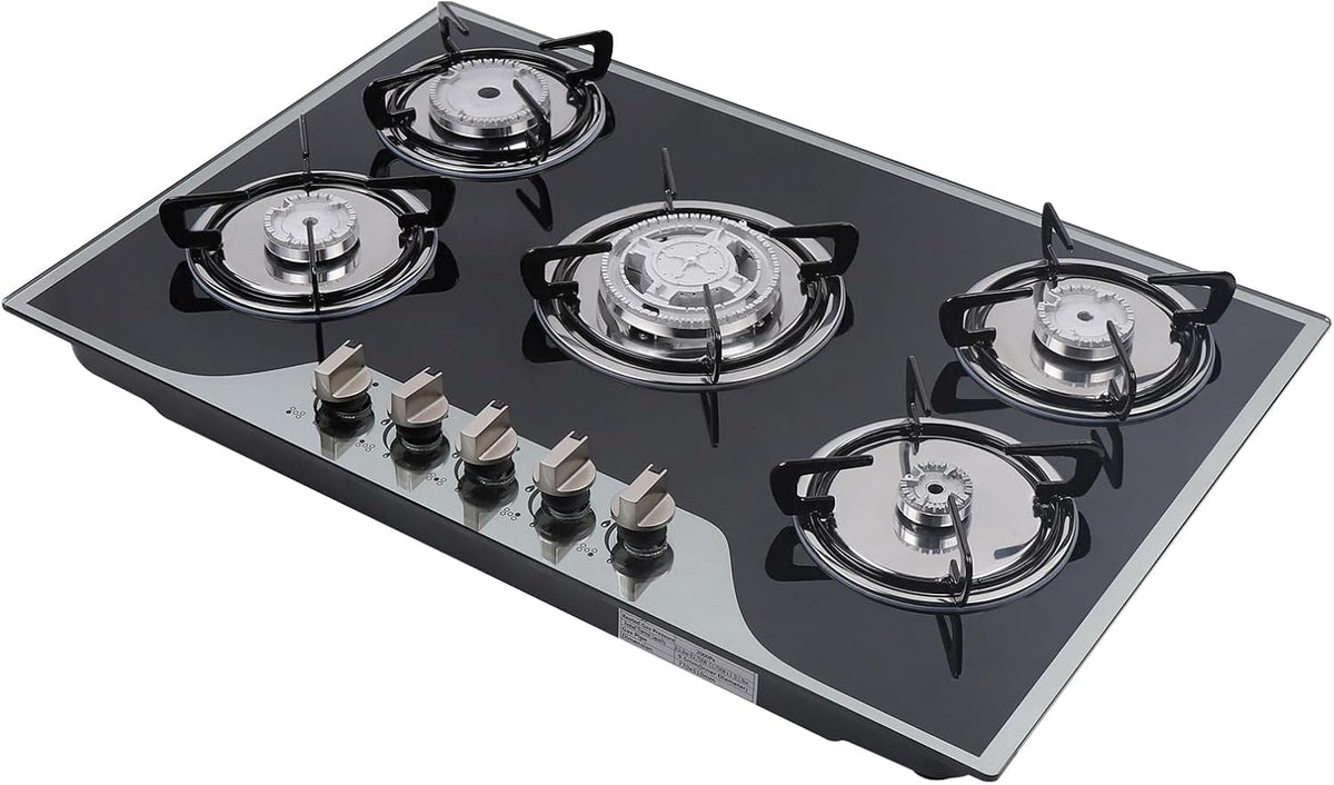 table de cuisson Queeucaer – plaque de cuisson | noir (bords miroirs), acier inoxydable pour maison – camping-car - 5 buses pour gaz liquéfié - CE