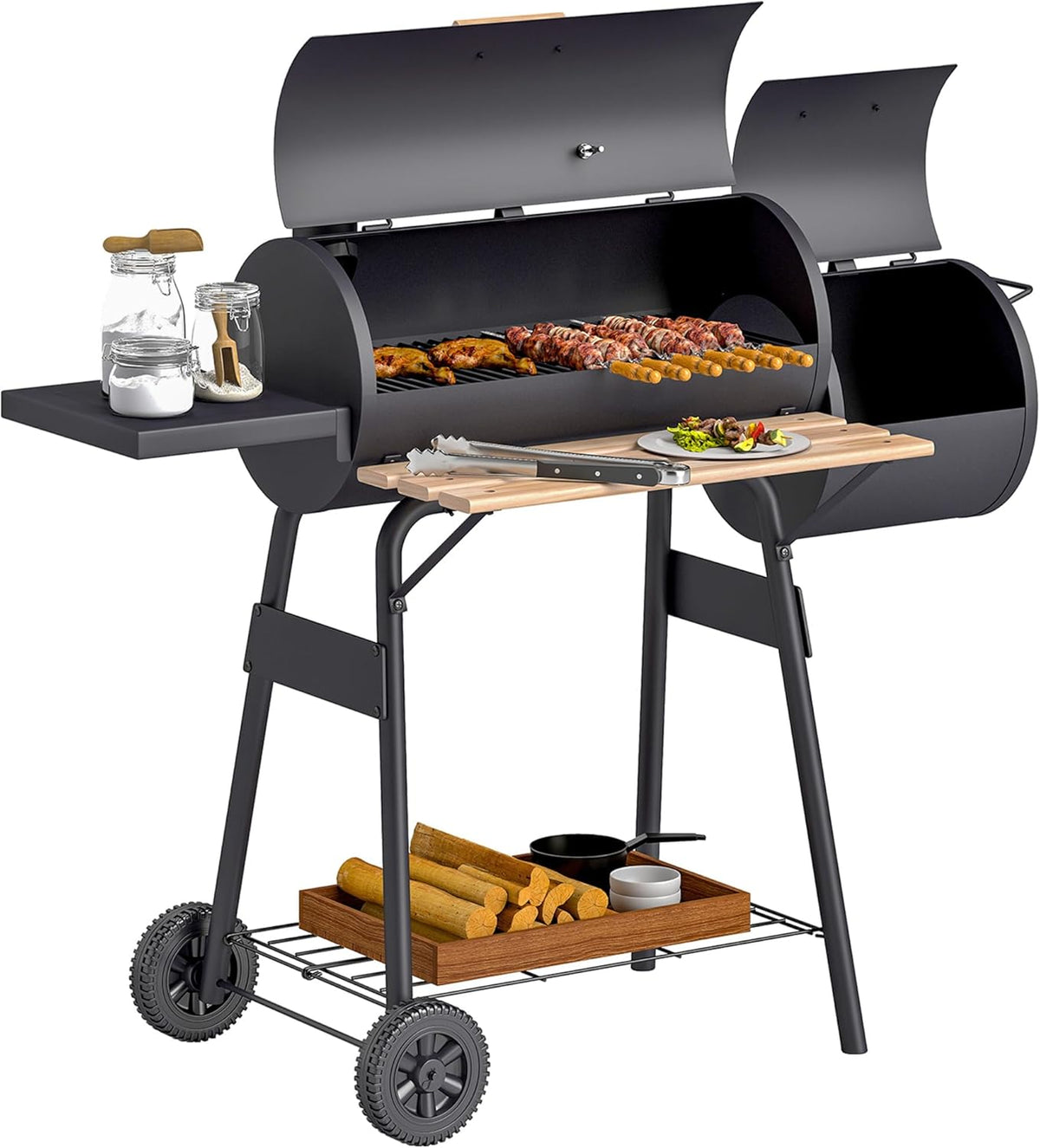 barbecue à charbon Outsunny – Noir | fumoir BBQ grill smoker sur pied avec couvercle, roulettes – thermomètre