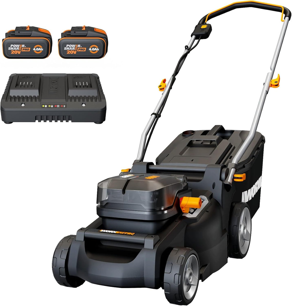 tondeuse à gazon WORX – 40 V | 600 m, 37 cm – 40 L | 4 Ah, Noir/Gris/Orange – sans Fil WG737E | Surface Max de ², Coupe jusqu'aux Bordures